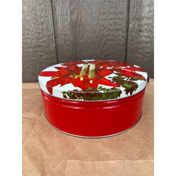 Vintage Red Holiday Tin With Poinsettias & Candle 8" D Winter Christmas - Picture 4 of 8